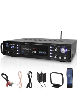 Bluetooth Hybrid Stereo Amplifier Receiver with AM/FM Radio, Digital LCD Display, USB/SD MP3 Playback, Multi-Channel Source Audio Selection, Dual Microphone Inputs, Subwoofer Output, AUX and RCA Connectors, Headphone Jack, LED Backlight, Cooling Fan, Rack-Mount Design, Remote Control, and Audio Adjustment Controls for Home Theater, Karaoke, and Music Entertainment
