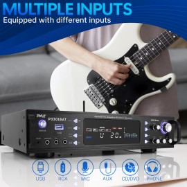 Bluetooth Hybrid Stereo Amplifier Receiver with AM/FM Radio, Digital LCD Display, USB/SD MP3 Playback, Multi-Channel Source Audio Selection, Dual Microphone Inputs, Subwoofer Output, AUX and RCA Connectors, Headphone Jack, LED Backlight, Cooling Fan, Rack-Mount Design, Remote Control, and Audio Adjustment Controls for Home Theater, Karaoke, and Music Entertainment