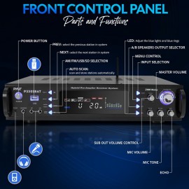 Bluetooth Hybrid Stereo Amplifier Receiver with AM/FM Radio, Digital LCD Display, USB/SD MP3 Playback, Multi-Channel Source Audio Selection, Dual Microphone Inputs, Subwoofer Output, AUX and RCA Connectors, Headphone Jack, LED Backlight, Cooling Fan, Rack-Mount Design, Remote Control, and Audio Adjustment Controls for Home Theater, Karaoke, and Music Entertainment