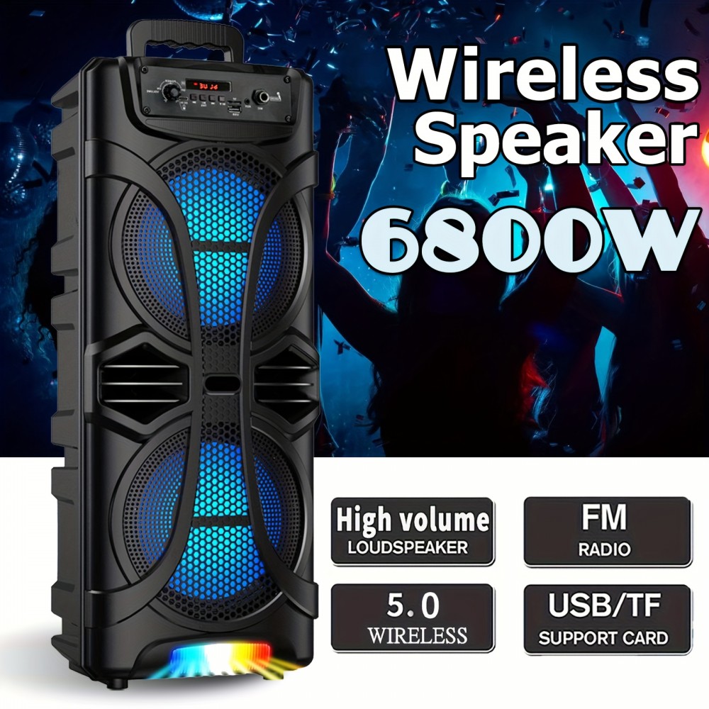 Dual 8'' Large Wireless Speaker, 6800 Peak Powerful Loud Sound, Stereo Sound, Portable Outdoor Speaker Wireless, Long Playtime, USB/TF/BT/AUX/FM/TWS, Cool Lights for Party, Camping, Beach, Backyard, Home, Work, Outdoor Speaker System, Home Audio