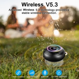 Portable Wireless Speaker • Dynamic LED Lights & Clock Display • 10-Hour Playtime • Stereo Pairing & Hands-Free with Microphone • Compact Suction Cup Design for Car/Backpack Use • Versatile Multi-Function Speaker