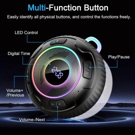 Portable Wireless Speaker • Dynamic LED Lights & Clock Display • 10-Hour Playtime • Stereo Pairing & Hands-Free with Microphone • Compact Suction Cup Design for Car/Backpack Use • Versatile Multi-Function Speaker