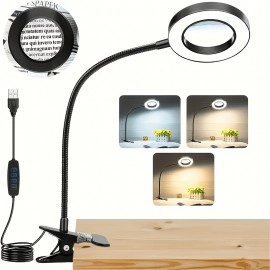 10X Magnifying Glass with Light & Clamp - 5 Inch Real Glass Magnifying Desk Lamp with Stand, Long Gooseneck, 5 Color Modes, USB-Powered, Hands-Free Operation, Ideal For Crafts, Painting, Jewelry Making, And Close Work, Magnifying Glass For Crafts