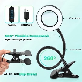 10X Magnifying Glass with Light & Clamp - 5 Inch Real Glass Magnifying Desk Lamp with Stand, Long Gooseneck, 5 Color Modes, USB-Powered, Hands-Free Operation, Ideal For Crafts, Painting, Jewelry Making, And Close Work, Magnifying Glass For Crafts