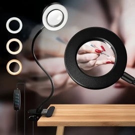 10X Magnifying Glass with Light & Clamp - 5 Inch Real Glass Magnifying Desk Lamp with Stand, Long Gooseneck, 5 Color Modes, USB-Powered, Hands-Free Operation, Ideal For Crafts, Painting, Jewelry Making, And Close Work, Magnifying Glass For Crafts